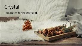  Presentation with pine cone - Presentation theme featuring wooden basket with evergreen pine cone and pillow on carpet background and a light gray colored foreground