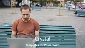  Presentation with young man holdng laptop on lap money - Presentation with wooden bench in small park background and a ocean colored foreground