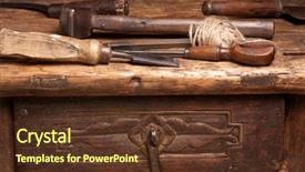  Presentation with wood carving tools - Presentation design having wooden bench with rusty grungy background and a tawny brown colored foreground