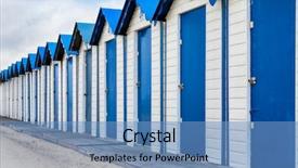  Presentation with blue - Slide set consisting of blue and white beach cabins background and a teal colored foreground