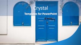  Presentation with greece blue - Beautiful PPT theme featuring wooden-blue-door-and-windows backdrop and a teal colored foreground