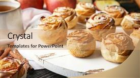  Presentation with puff pastry - Slide set having wooden board with apple roses background and a  colored foreground