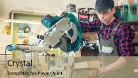  Presentation with welder worker welding and cutting - Amazing PPT theme having wooden board with circular saw backdrop and a coral colored foreground