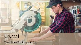  Presentation with welder worker welding and cutting - Cool new presentation design with wooden board with circular saw backdrop and a coral colored foreground