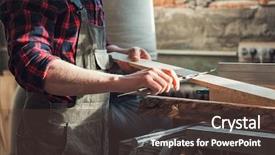  Presentation with welder worker welding and cutting - Colorful presentation enhanced with wooden board with circular saw backdrop and a tawny brown colored foreground
