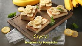  Presentation with banana cake - Colorful presentation design enhanced with wooden board with pieces of tasty banana cake on table backdrop and a tawny brown colored foreground