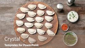  Presentation with wooden board empty table top - Amazing slides having wooden board with raw dumplings on table top view backdrop and a coral colored foreground