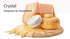  Presentation with white cheese - Amazing PPT theme having wooden board with tasty cheese backdrop and a white colored foreground