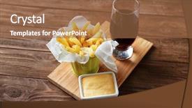  Presentation with soda - PPT layouts enhanced with wooden board with tasty fries cheese sauce and glass of soda water on table background and a tawny brown colored foreground