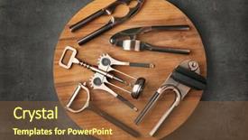  Presentation with utensils - Amazing presentation design having wooden board with various kitchen utensils on grey textured background backdrop and a tawny brown colored foreground