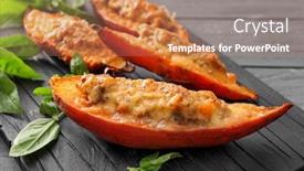  Presentation with sweet potato - Presentation design consisting of wooden board with yummy stuffed sweet potato background and a coral colored foreground