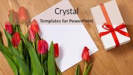  Presentation with tulips - Beautiful slide set featuring wooden boards blank paper backdrop and a coral colored foreground