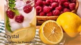  Presentation with alcohol - Audience pleasing slides consisting of wooden boards is cocktail glass with raspberries lemon and ice cubes alcohol country cocktail number eighty three with berry basket mint and ice cubes backdrop and a gold colored foreground