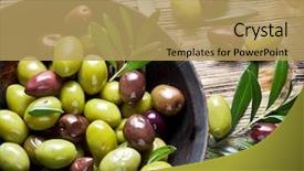  Presentation with olive oil and berries - Beautiful presentation theme featuring wooden bowl full of olives backdrop and a yellow colored foreground