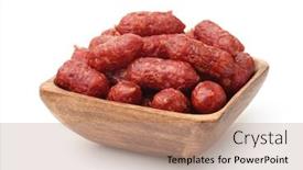  Presentation with sausages - PPT layouts with wooden-bowl-of-mini-smoked background and a coral colored foreground