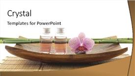  Presentation with wooden stick - Audience pleasing slides consisting of wooden bowl of orchid and massage oil on bamboo stick straw mat backdrop and a white colored foreground