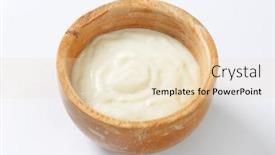  Presentation with pudding - Slide deck having wooden bowl of semolina pudding on white background background and a lemonade colored foreground