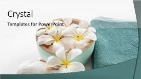  Presentation with flowers on white wooden - Slide set with wooden bowl of white frangipani background and a  colored foreground