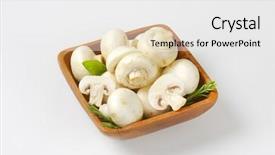  Presentation with herbs on wood - Audience pleasing presentation consisting of wooden bowl of white mushrooms backdrop and a white colored foreground