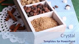  Presentation with cocoa beans - Presentation theme having wooden box with set of coffee and cocoa beans sugar cubes on wooden background background and a sky blue colored foreground