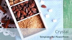  Presentation with cocoa beans - PPT layouts consisting of wooden box with set of coffee and cocoa beans sugar cubes on wooden background background and a sky blue colored foreground