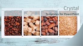  Presentation with cocoa beans - Slides featuring wooden box with set of coffee and cocoa beans sugar cubes on wooden background background and a sky blue colored foreground