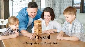  Presentation with one young man exercising handball - Beautiful presentation design featuring wooden bricks of tower away backdrop and a coral colored foreground