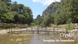  Presentation with ancient - Presentation design consisting of wooden-bridge-over-river background and a coral colored foreground