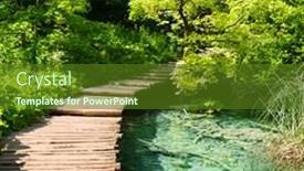 Presentation with forest bridge - Presentation theme consisting of wooden-bridge-turquoise-river background and a tawny brown colored foreground