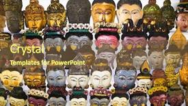  Presentation with stand - Colorful slides enhanced with wooden carved mask - souvenir stand at a temple backdrop and a tawny brown colored foreground