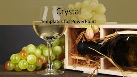  Presentation with table grape - Audience pleasing theme consisting of wooden case with wine bottle wineglass and grape on wooden table on grey background backdrop and a gold colored foreground