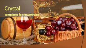  Presentation with table grape - Presentation with wooden case with wine bottles barrel wineglass and grape on wooden table on grey background background and a tawny brown colored foreground