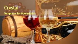  Presentation with table grape - PPT theme consisting of wooden case with wine bottles barrel wineglass and grape on wooden table on grey background background and a red colored foreground