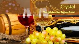  Presentation with table grape - Colorful presentation theme enhanced with wooden case with wine bottles barrel wineglass and grape on wooden table on grey background backdrop and a tawny brown colored foreground
