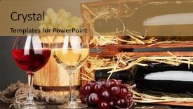  Presentation with table grape - Audience pleasing presentation theme consisting of wooden case with wine bottles barrel wineglasses and grape on wooden table on grey background backdrop and a coral colored foreground