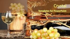  Presentation with table grape - Slides enhanced with wooden case with wine bottles barrel wineglass and grape on wooden table on grey background background and a tawny brown colored foreground