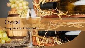  Presentation with table grape - Slide deck featuring wooden case with wine bottles barrel wineglass and grape on wooden table on grey background background and a gold colored foreground
