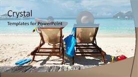  Presentation with tropical beach party - Amazing slide deck having wooden chair - couple on a tropical beach backdrop and a light blue colored foreground
