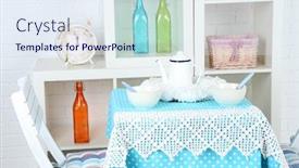  Presentation with chairs - PPT layouts enhanced with wooden-chairs-and-table background and a sky blue colored foreground