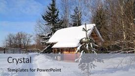  Presentation with village - Beautiful presentation theme featuring wooden chapel in winter village backdrop and a light blue colored foreground