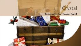  Presentation with christmas presents - Presentation with wooden-chest-filled-with-lots background and a yellow colored foreground
