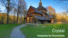  Presentation with cartoon village - PPT layouts featuring wooden chruch in pirogovo village background and a tawny brown colored foreground