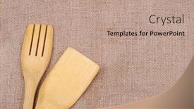  Presentation with cooking utensils - Theme consisting of wooden cooking utensils on a sackcloth background background and a coral colored foreground