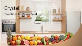  Presentation with fresh fruits vegetables dairy meat - Cool new presentation theme with wooden counter in a modern backdrop and a  colored foreground