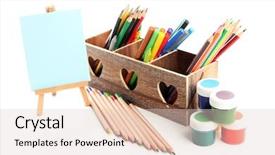 Presentation with pencils - Amazing PPT layouts having wooden crate paints and easel backdrop and a lemonade colored foreground