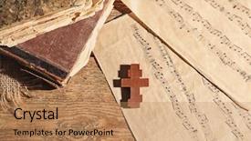  Presentation with sheet music - Presentation theme enhanced with wooden cross on music sheet background and a coral colored foreground
