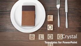  Presentation with blog - PPT layouts with wooden cubes with words food blog and notebook on plate background and a violet colored foreground