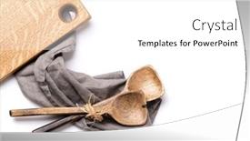  Presentation with kitchen towel - Theme consisting of wooden-cutting-board-cooking-utensils background and a white colored foreground