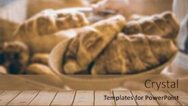  Presentation with croissant - PPT layouts featuring wooden desk against happy worker holding a basket of croissant background and a coral colored foreground
