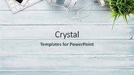  Presentation with music headphones - Presentation theme with wooden desk table music background and a light gray colored foreground